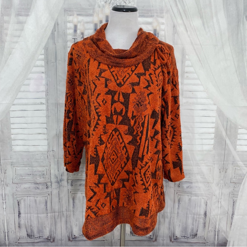Ali Miles Size 1X Plus Orange Black Aztec Chenille Cowl Sweater Tunic Pullover